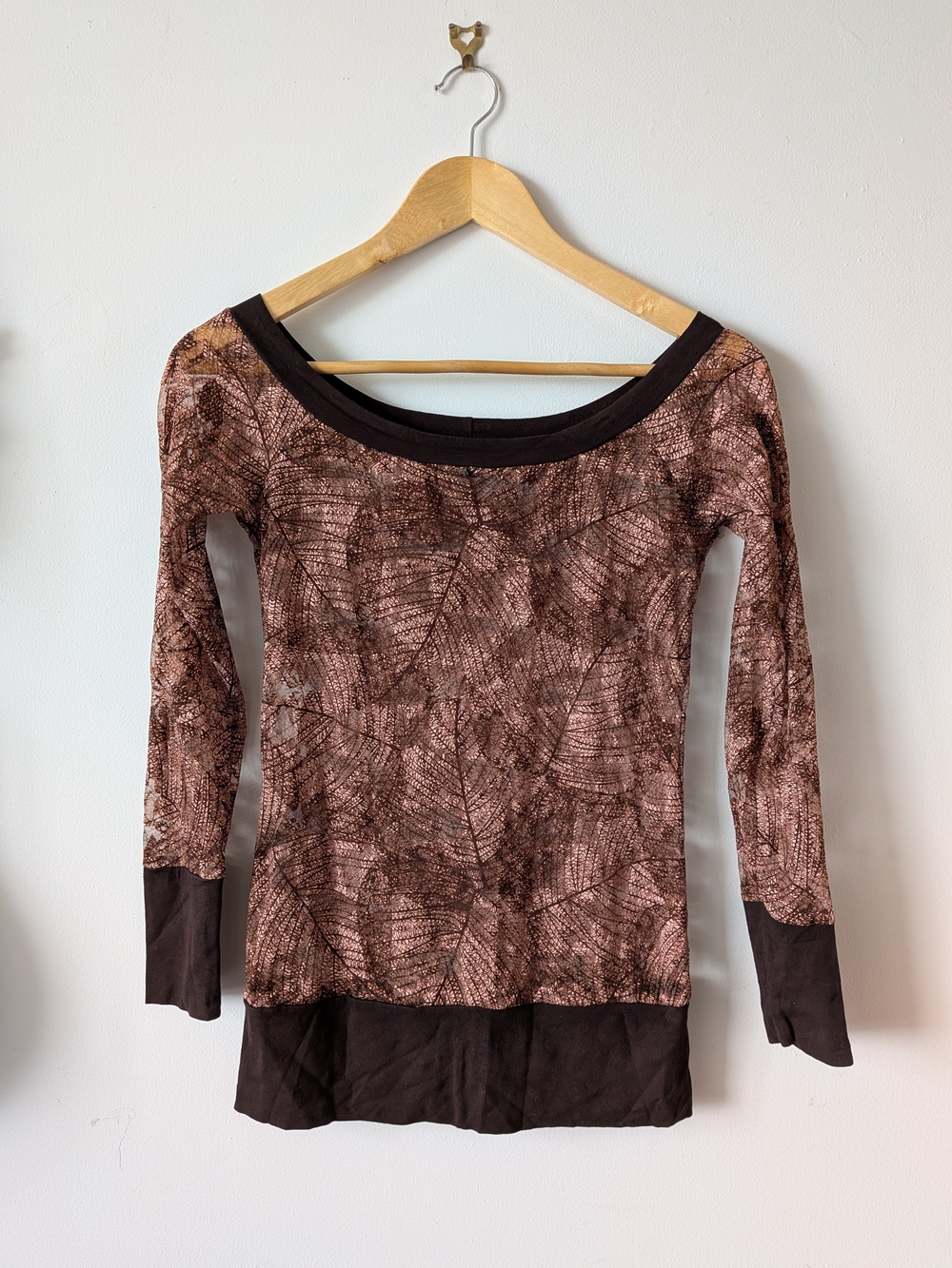Brown Leaf-Print Sheer Long Sleeve Top